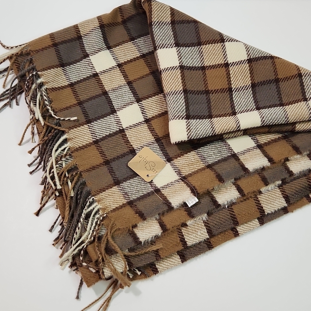 NEW Fringed Brown Tan Checkered Cape Scarf IN STYLE by Eagle Ridge Trading